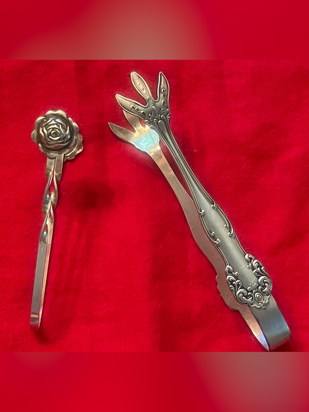 Raimond Sterling Silver Floral Bon Bon Tongs & W.B. Mfg. Co. Silverplate Tongs